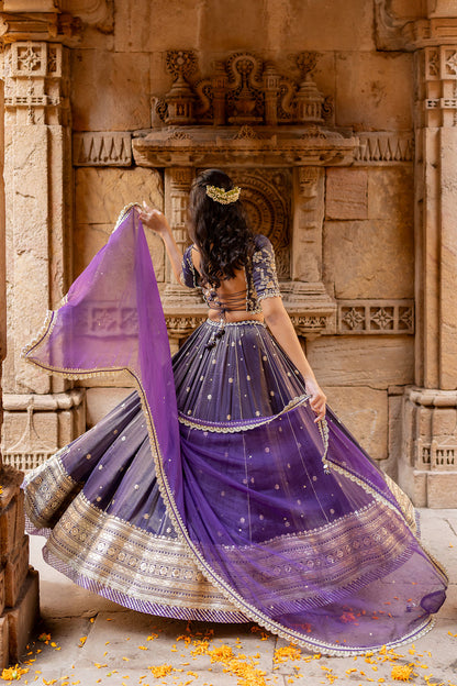 Royal Purple Tissue Embroidered Lehenga Set