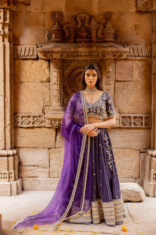 Royal Purple Tissue Embroidered Lehenga Set