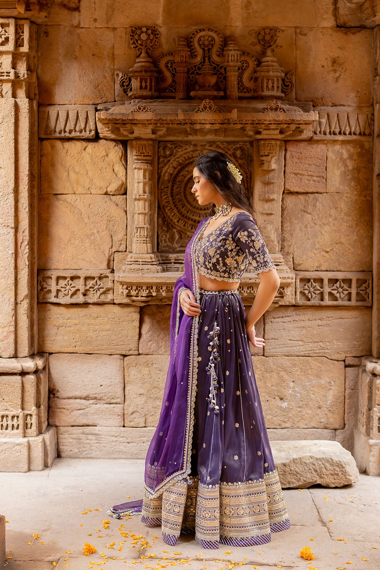 Royal Purple Tissue Embroidered Lehenga Set