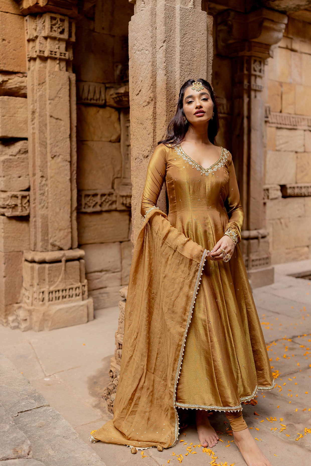 Mocha Tissue Embroidered Anarkali Set