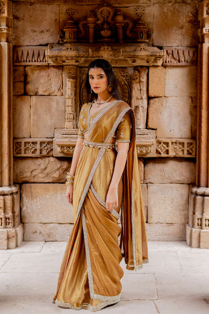 Mocha Embroidered Tissue Draped Saree Set