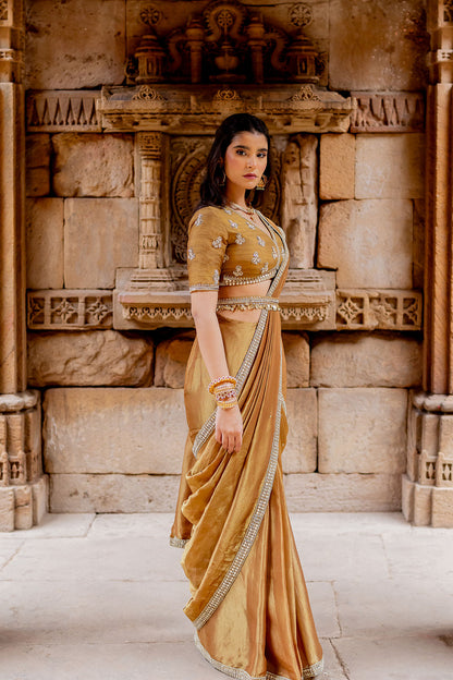 Mocha Embroidered Tissue Draped Saree Set