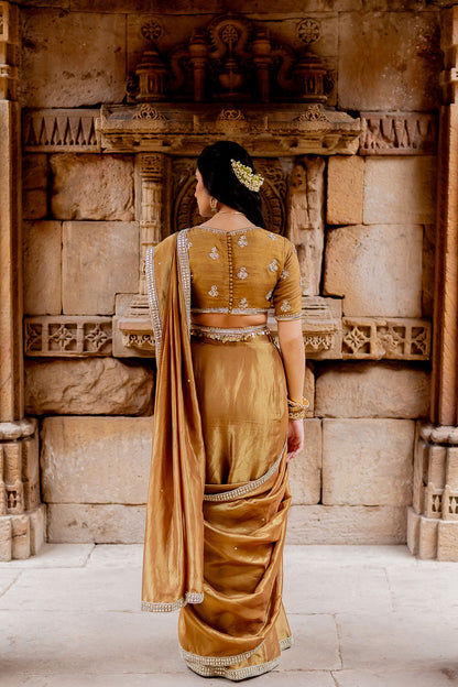 Mocha Embroidered Tissue Draped Saree Set