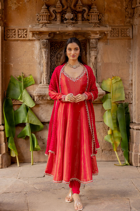 Cherry Red Tissue Embroidered Anarkali Set