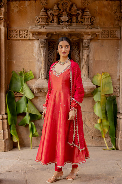 Cherry Red Tissue Embroidered Anarkali Set