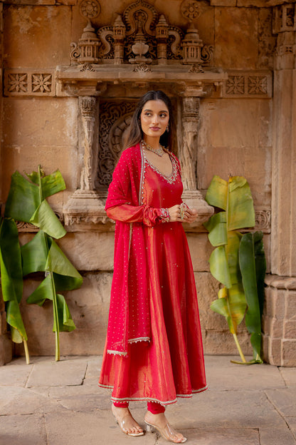 Cherry Red Tissue Embroidered Anarkali Set