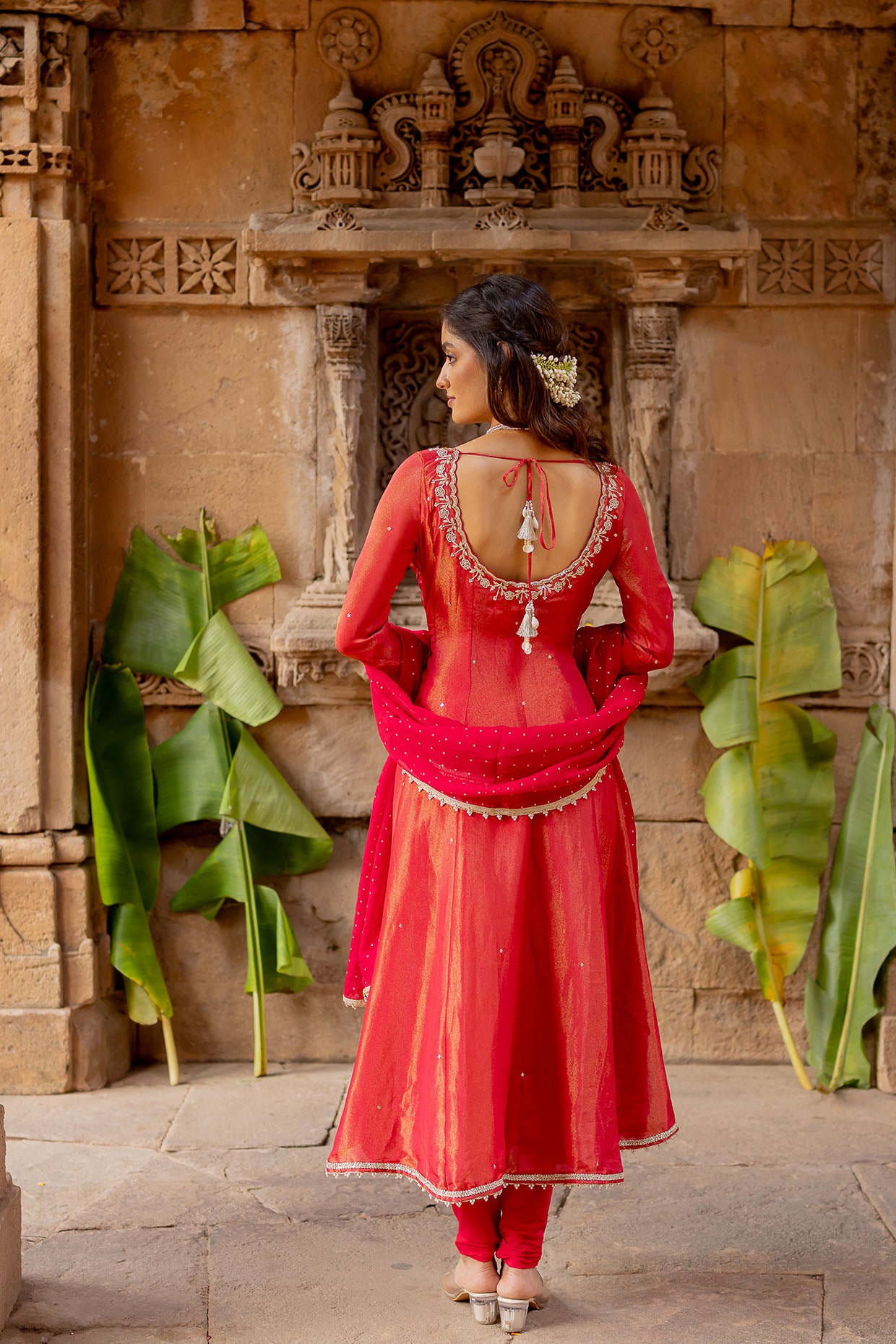 Cherry Red Tissue Embroidered Anarkali Set