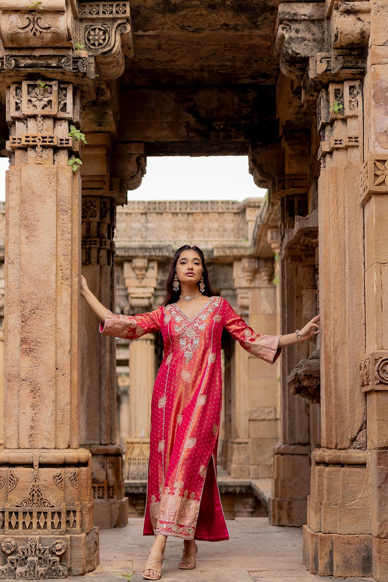 Cherry Red Embroidered Tissue Kaftan