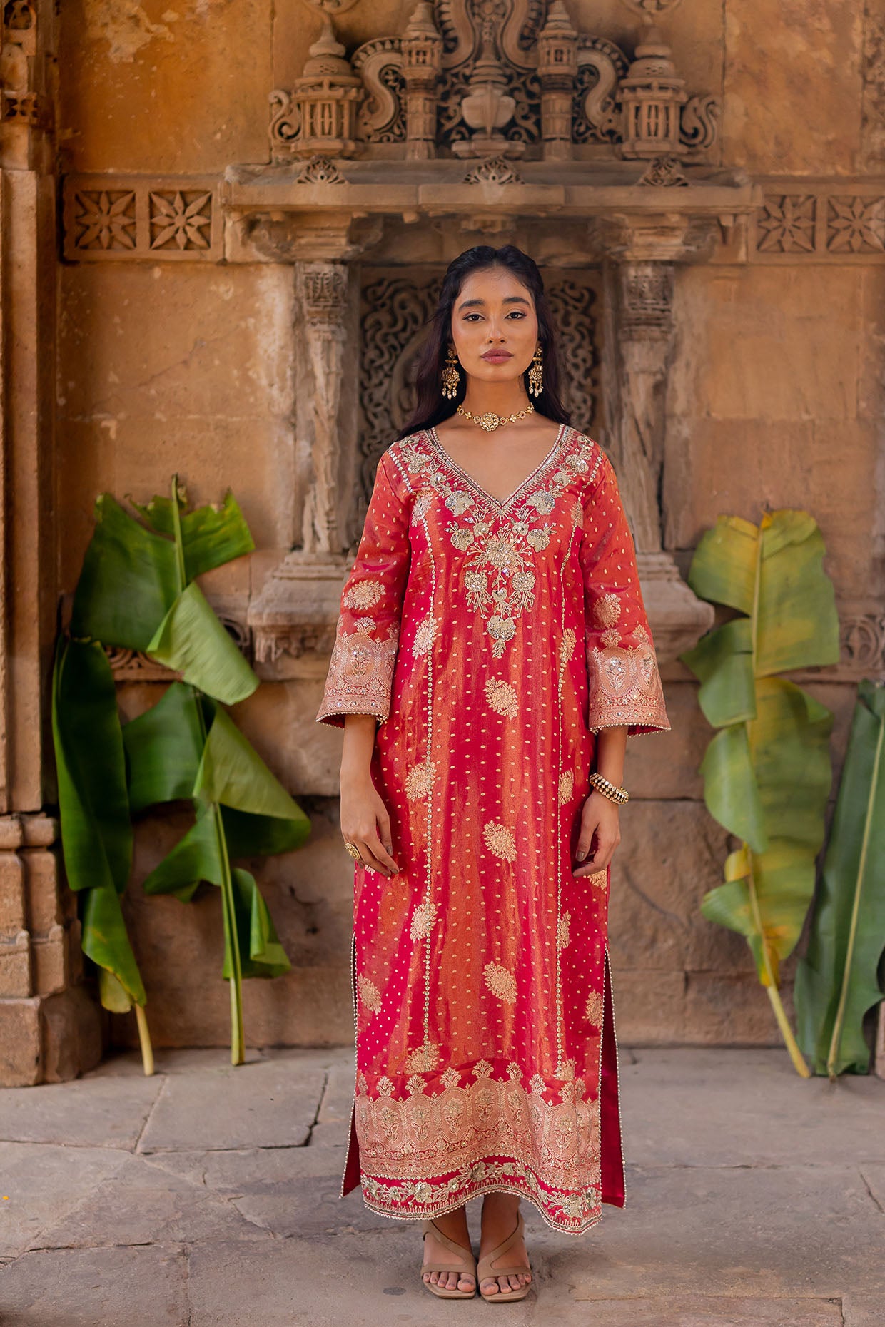 Cherry Red Embroidered Tissue Kaftan