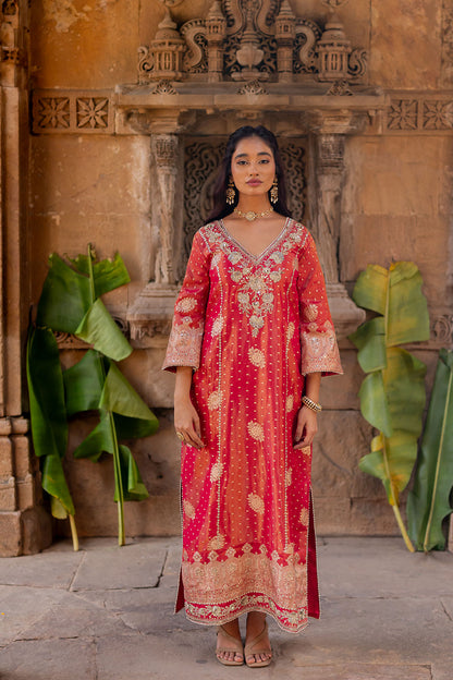 Cherry Red Embroidered Tissue Kaftan