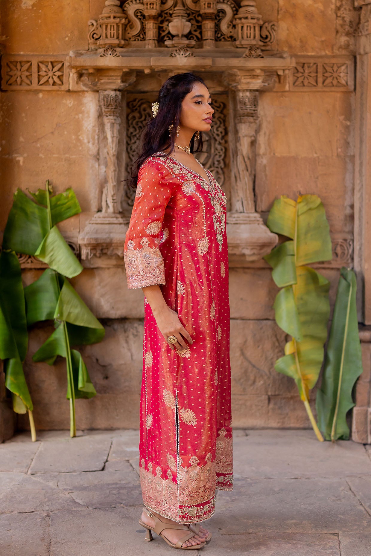 Cherry Red Embroidered Tissue Kaftan