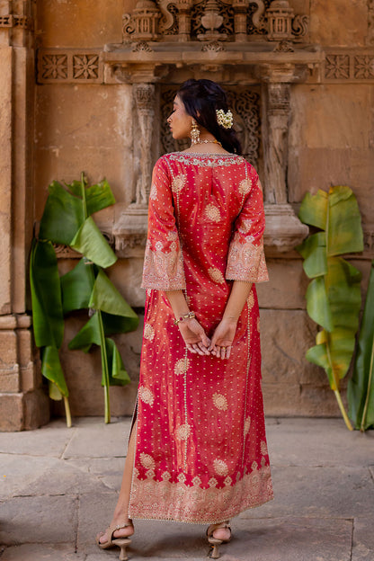 Cherry Red Embroidered Tissue Kaftan