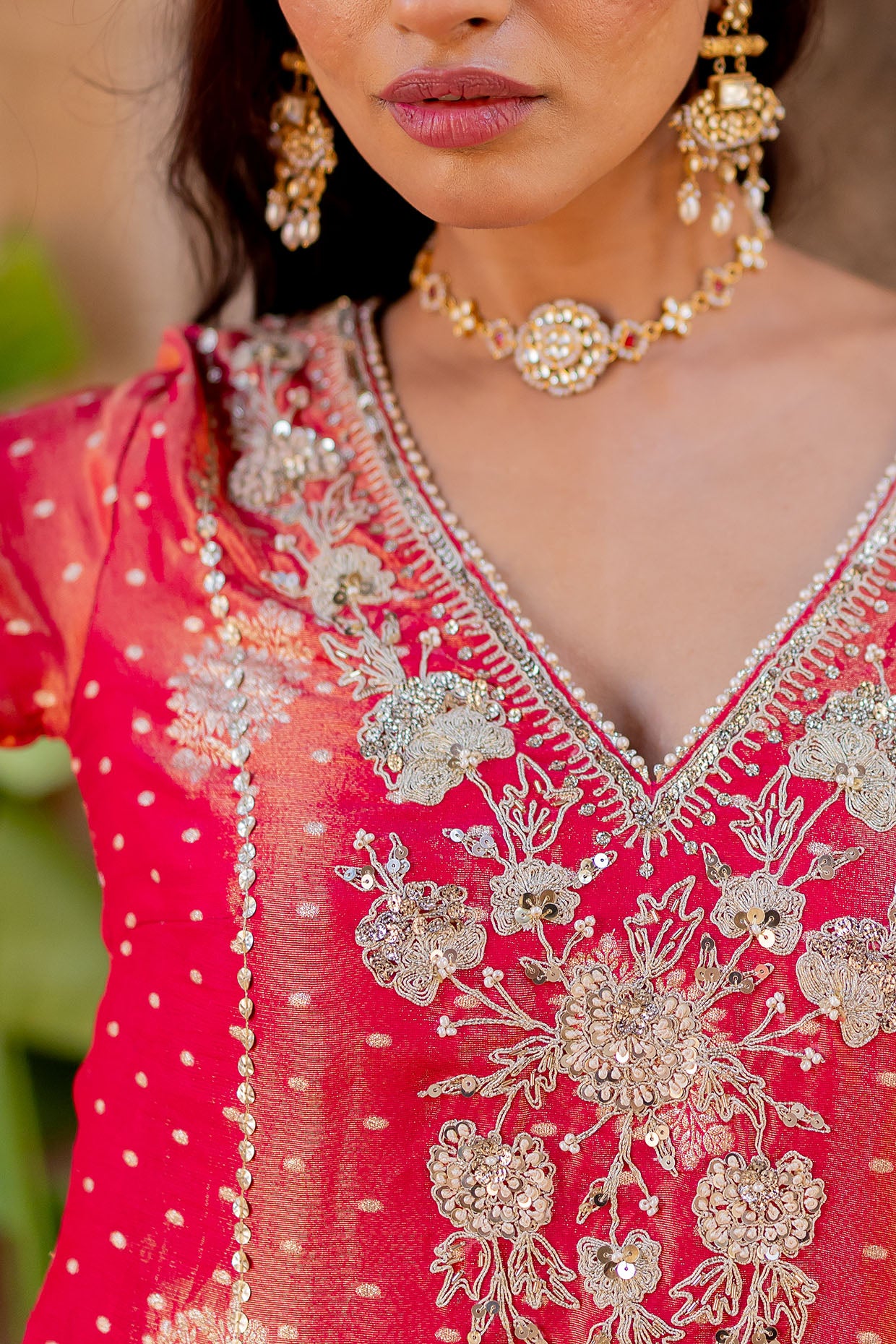 Cherry Red Embroidered Tissue Kaftan