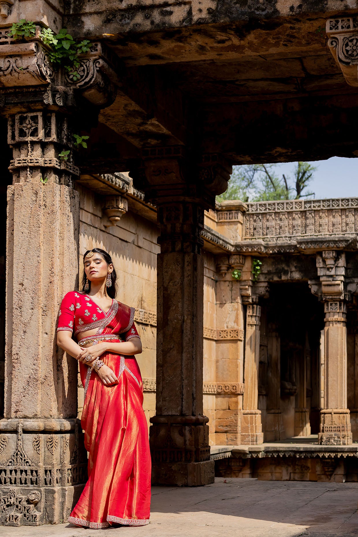 Cherry Red Embroidered Tissue Draped Saree Set