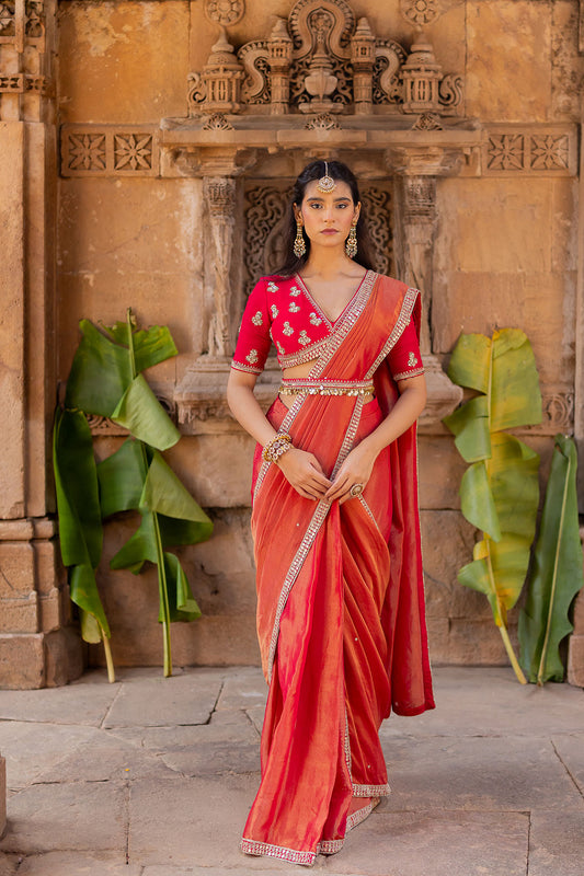 Cherry Red Embroidered Tissue Draped Saree Set