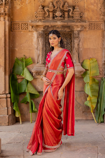 Cherry Red Embroidered Tissue Draped Saree Set