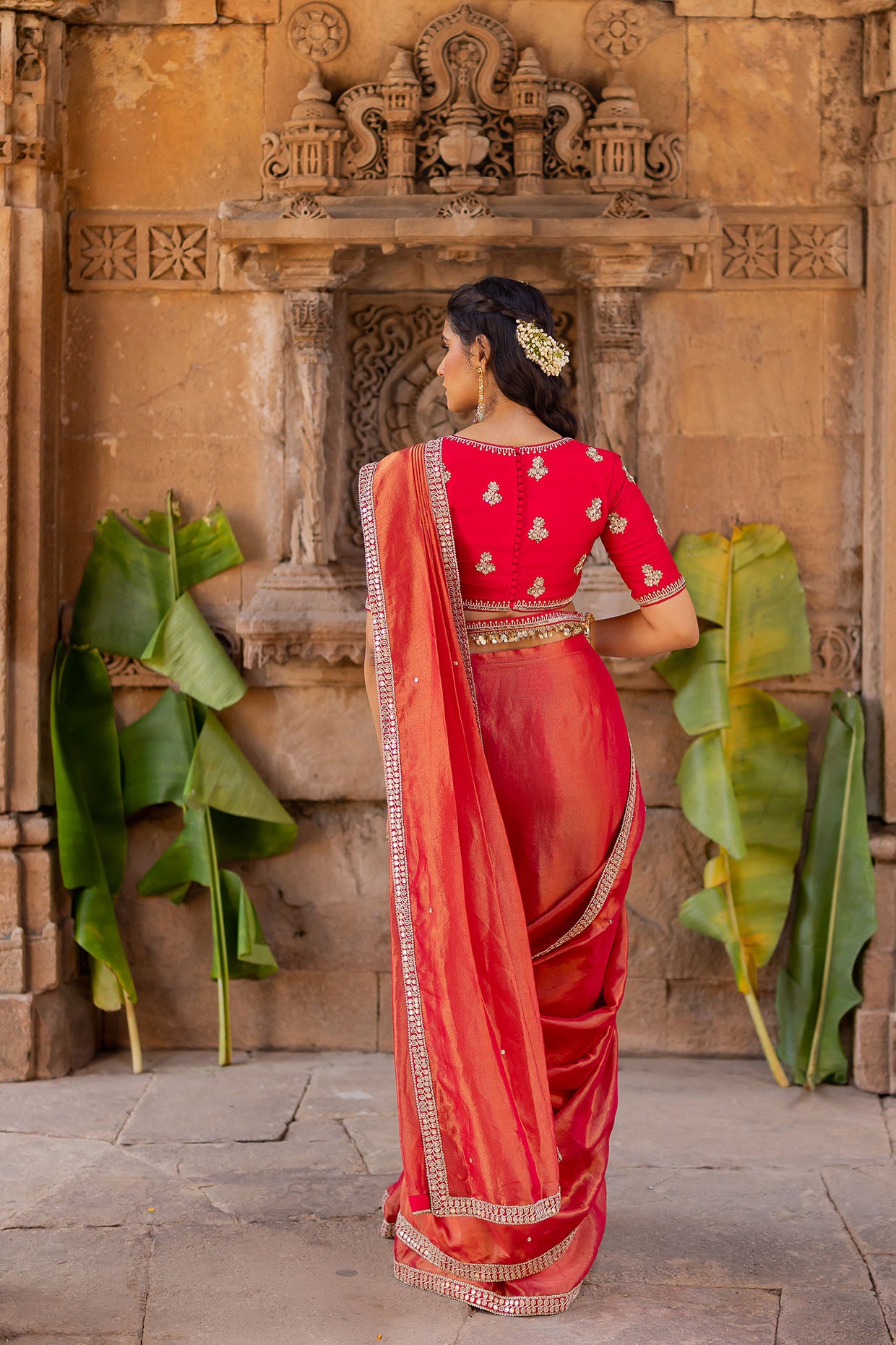 Cherry Red Embroidered Tissue Draped Saree Set