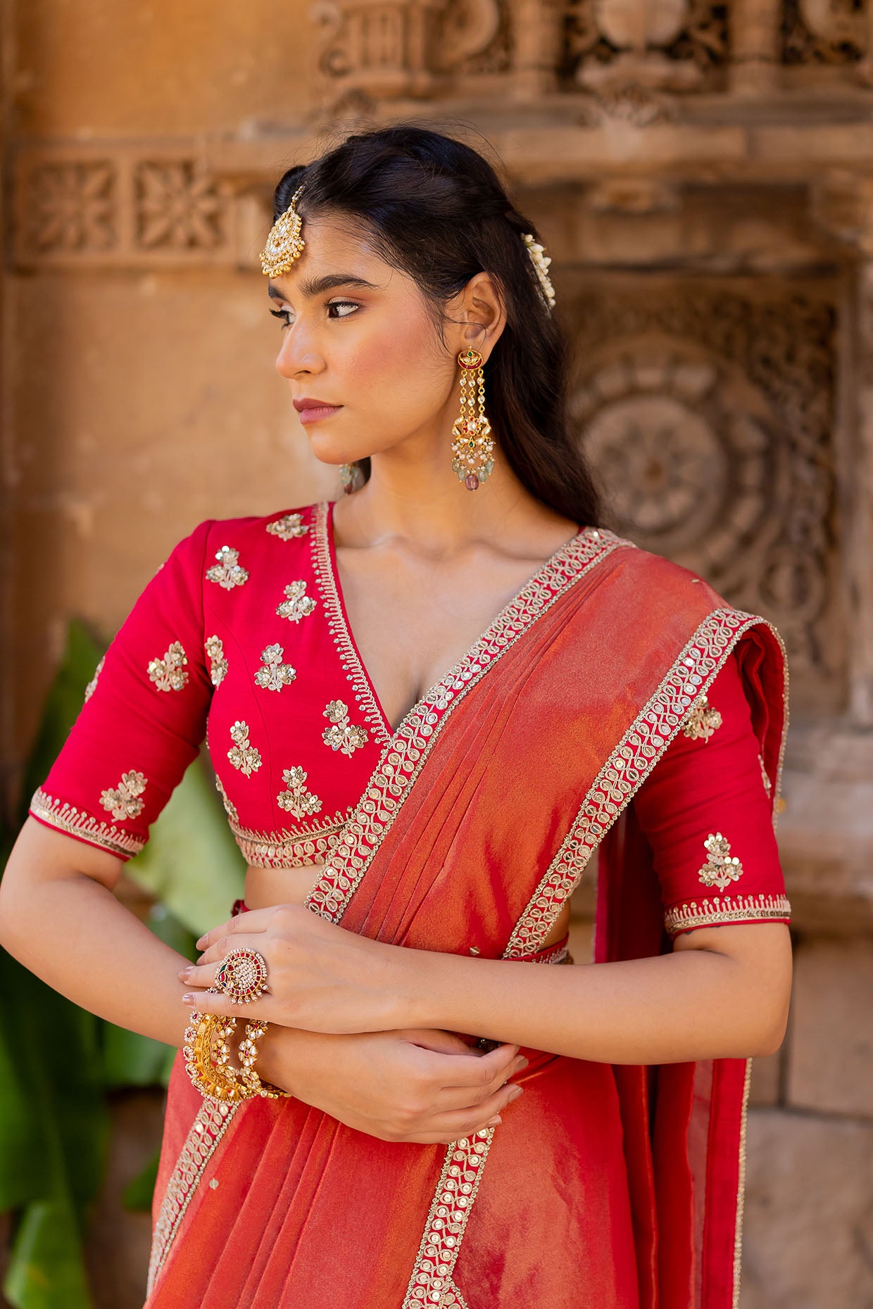 Cherry Red Embroidered Tissue Draped Saree Set