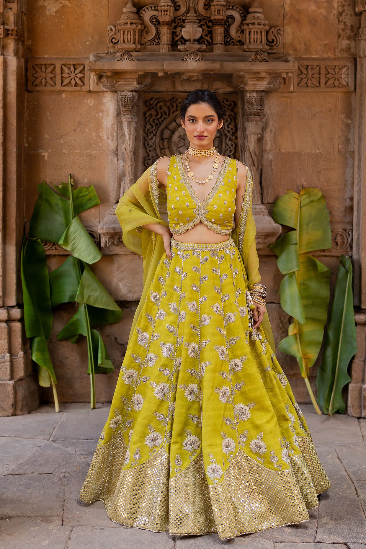 Lime Green Silk Embroidered Lehenga Set