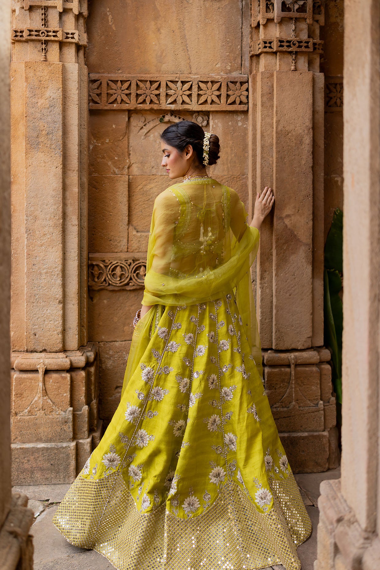 Lime Green Silk Embroidered Lehenga Set