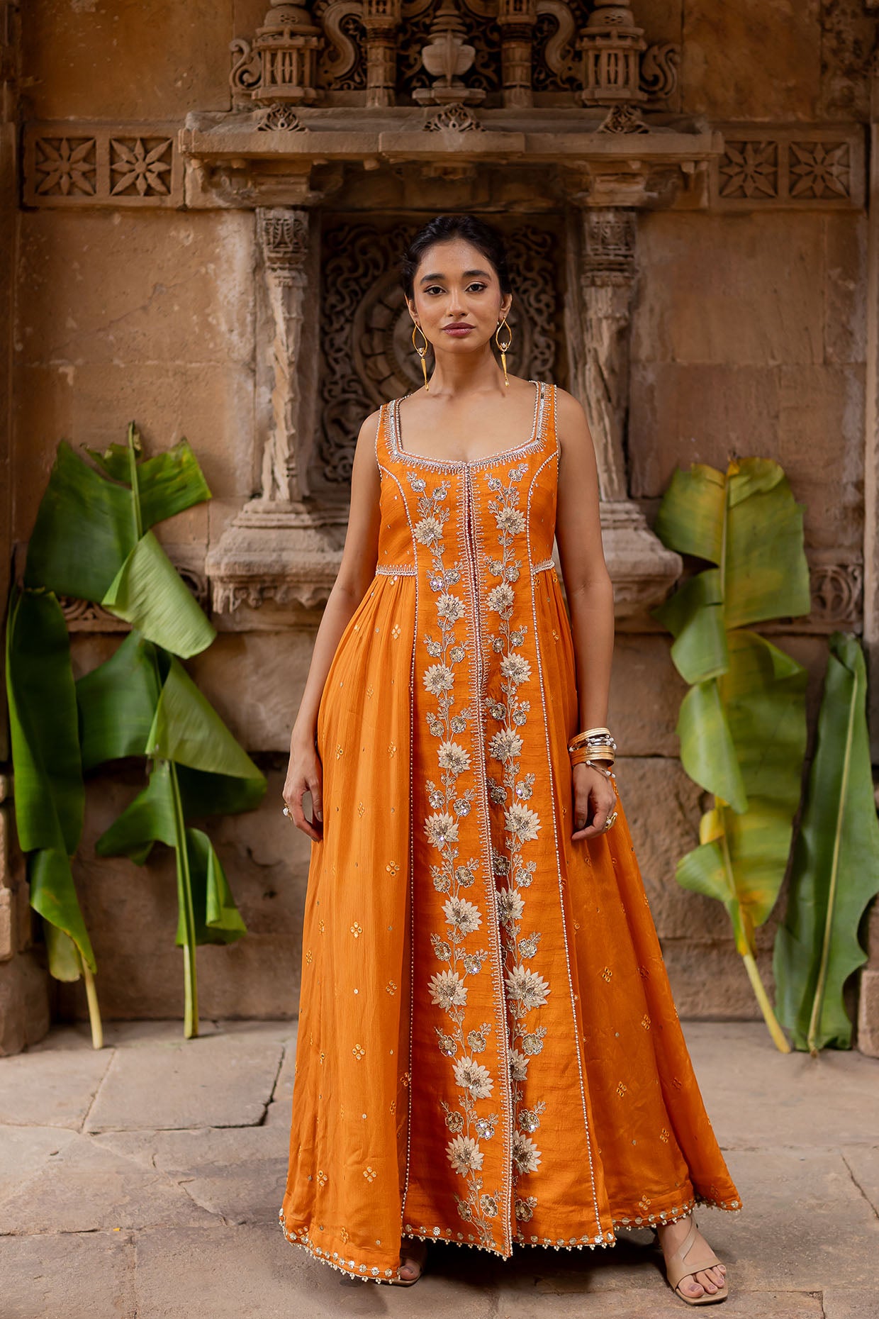 Tangerine Silk Embroidered Jacket Anarkali Set