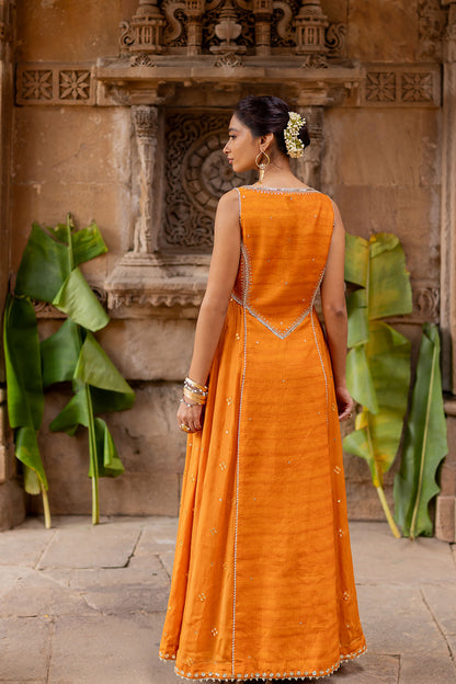 Tangerine Silk Embroidered Jacket Anarkali Set