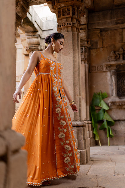 Tangerine Silk Embroidered Jacket Anarkali Set