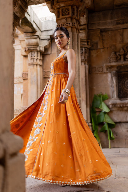 Tangerine Silk Embroidered Jacket Anarkali Set