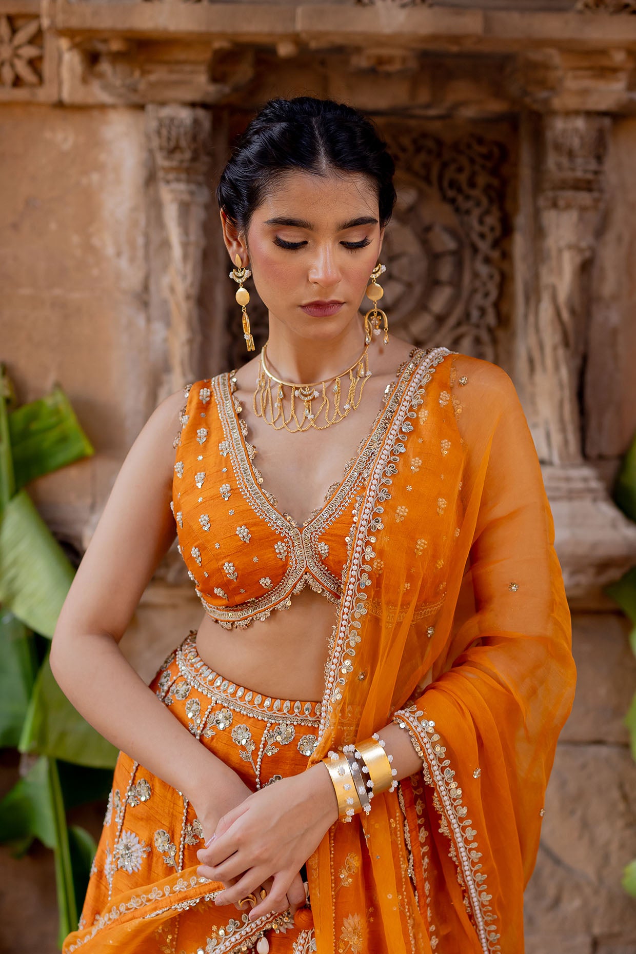 Tangerine Silk Embroidered Lehenga Set