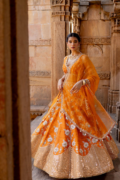 Tangerine Silk Embroidered Lehenga Set