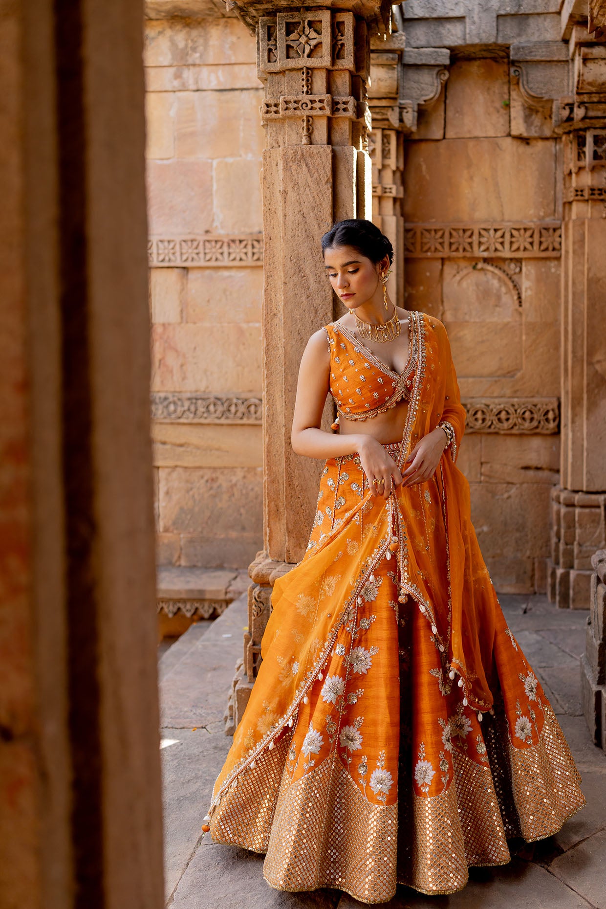 Tangerine Silk Embroidered Lehenga Set