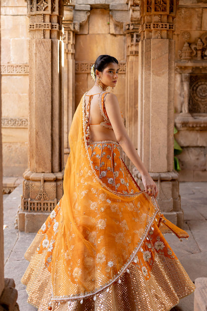 Tangerine Silk Embroidered Lehenga Set