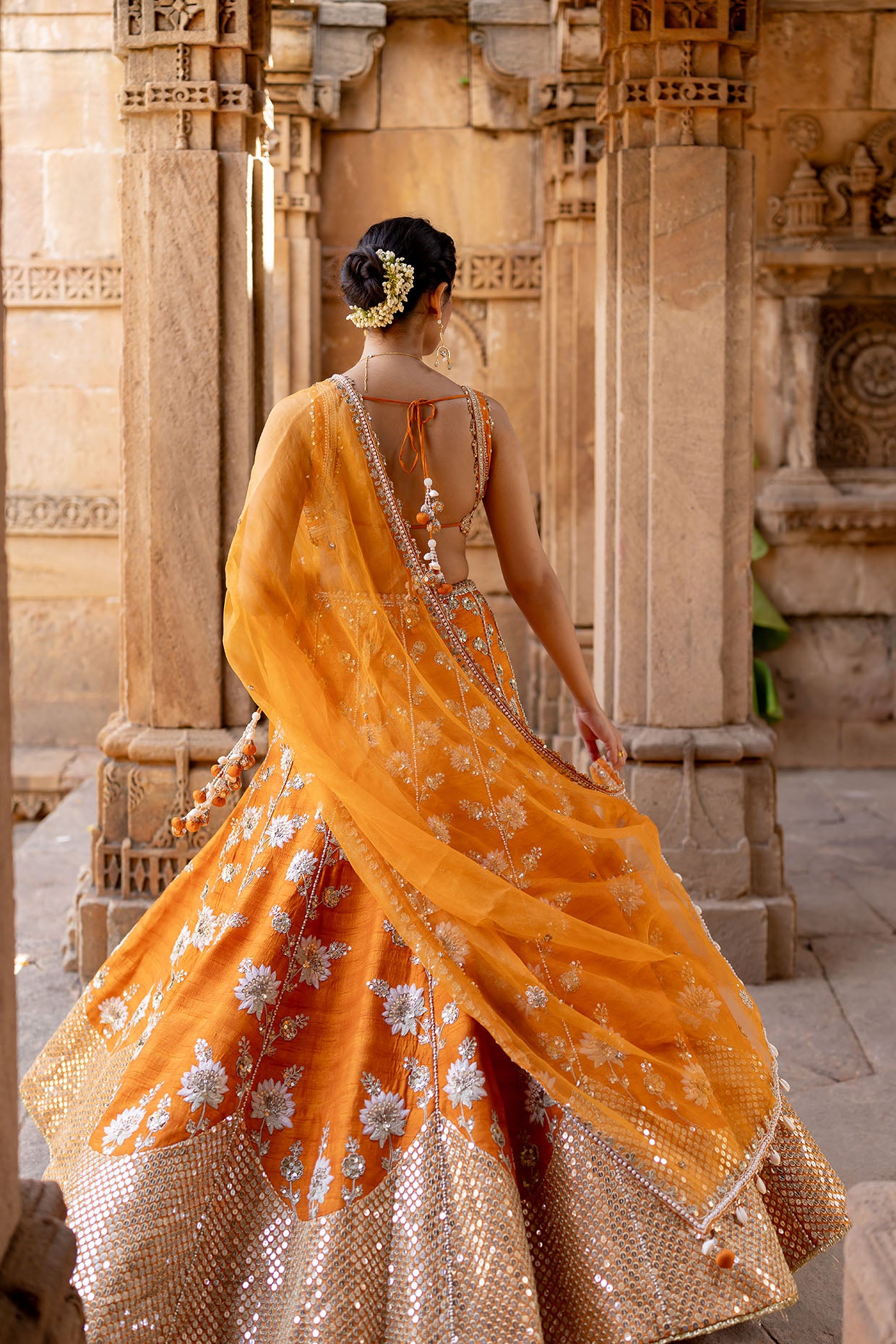 Tangerine Silk Embroidered Lehenga Set