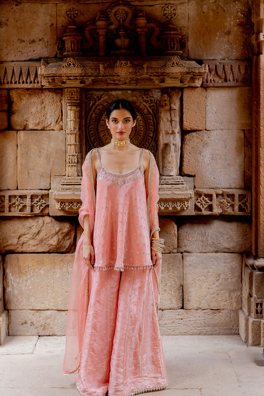 Rose Pink Embroidered Tissue Sharara Set