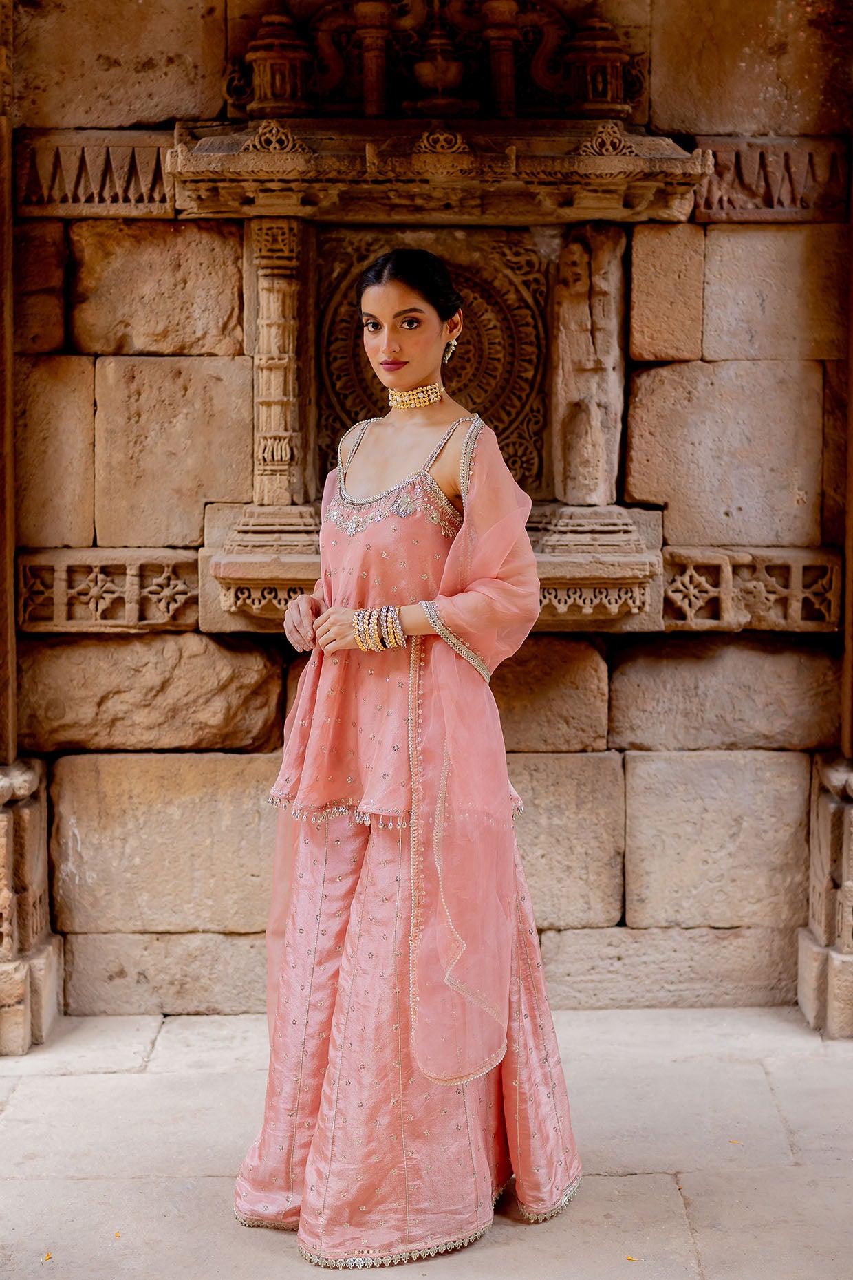 Rose Pink Embroidered Tissue Sharara Set