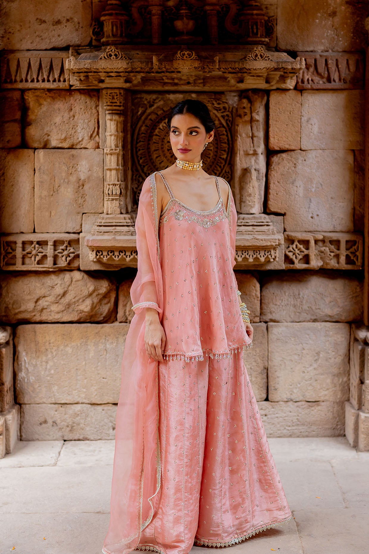 Rose Pink Embroidered Tissue Sharara Set