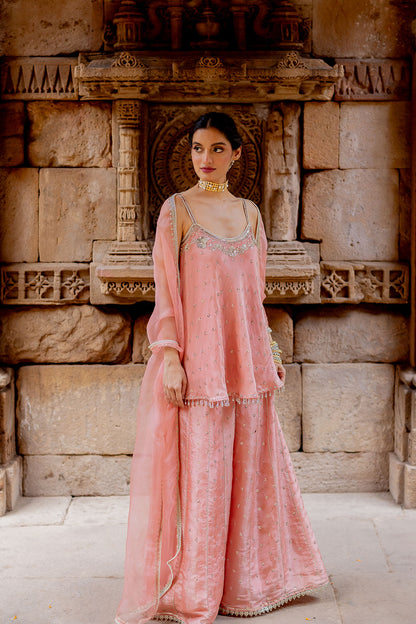 Rose Pink Embroidered Tissue Sharara Set