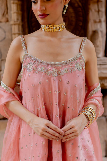 Rose Pink Embroidered Tissue Sharara Set