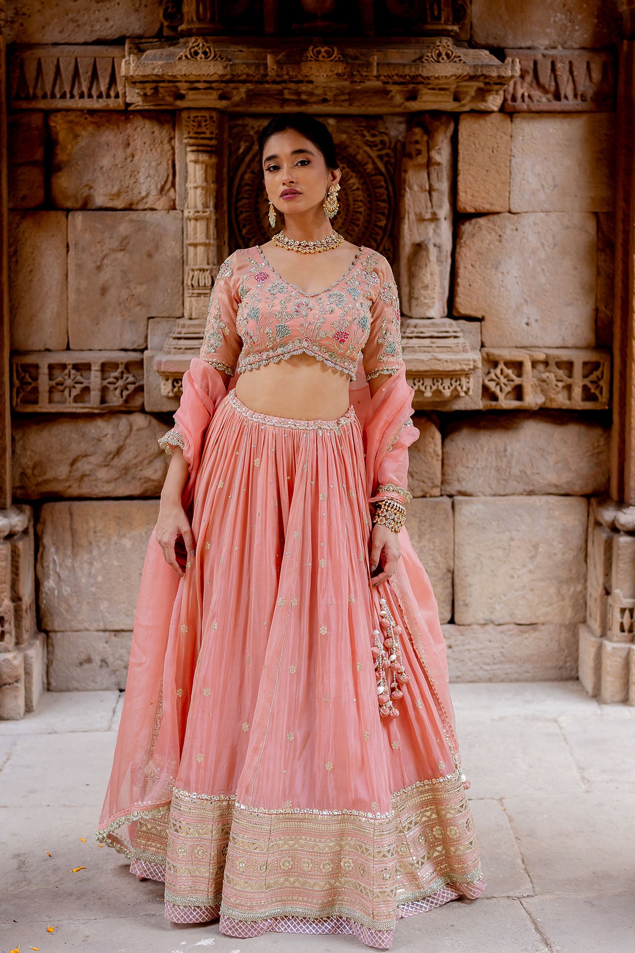 Rose Pink Tissue Embroidered Lehenga Set