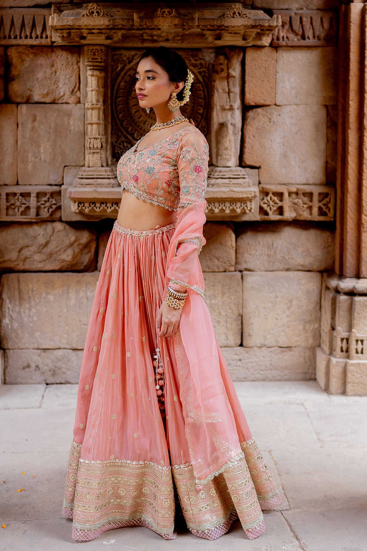 Rose Pink Tissue Embroidered Lehenga Set