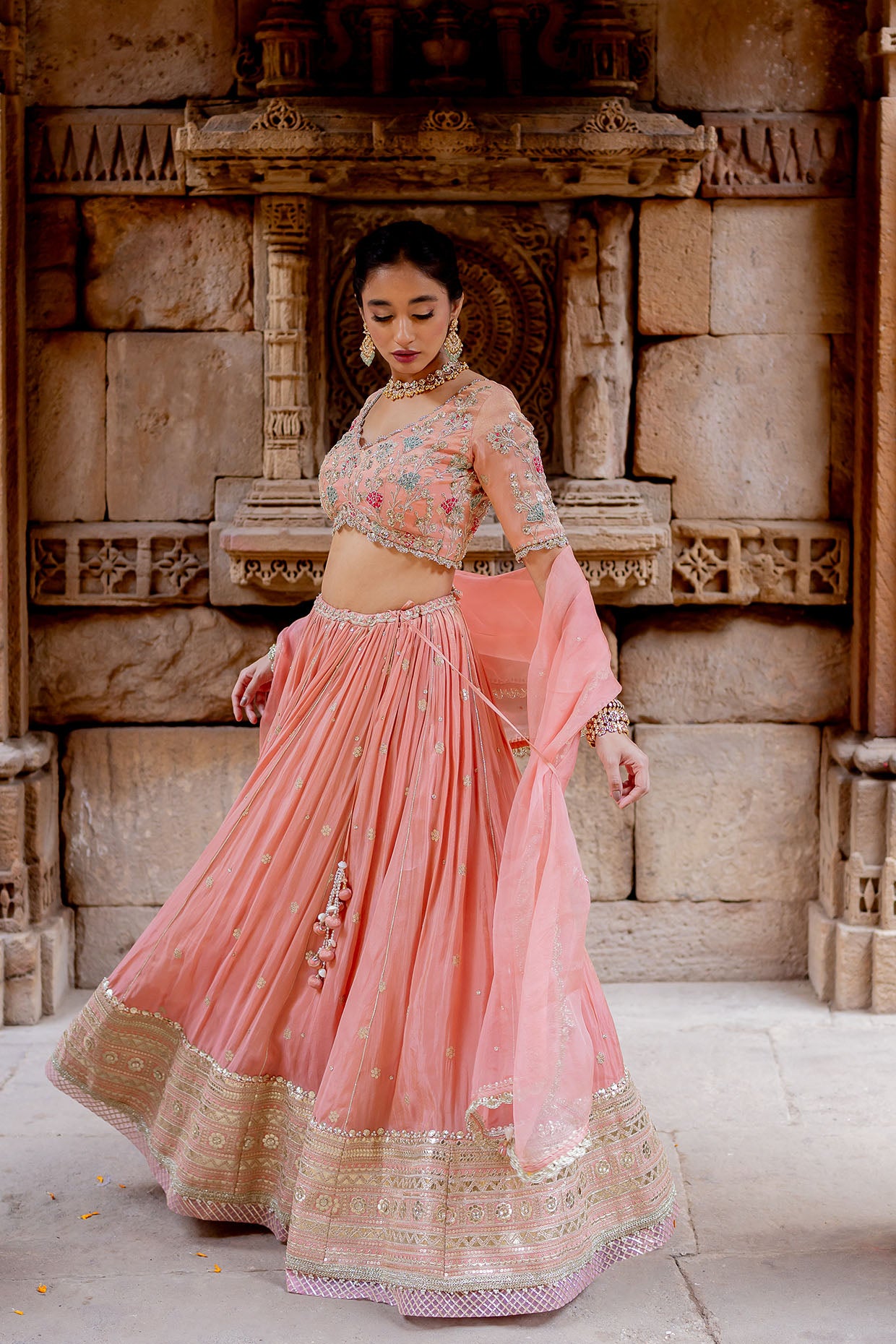 Rose Pink Tissue Embroidered Lehenga Set