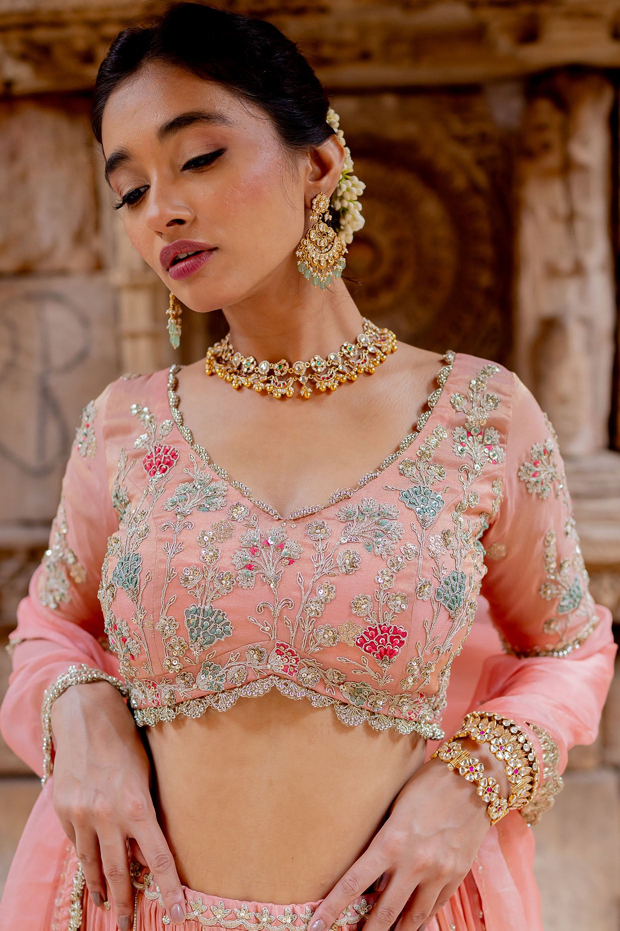 Rose Pink Tissue Embroidered Lehenga Set