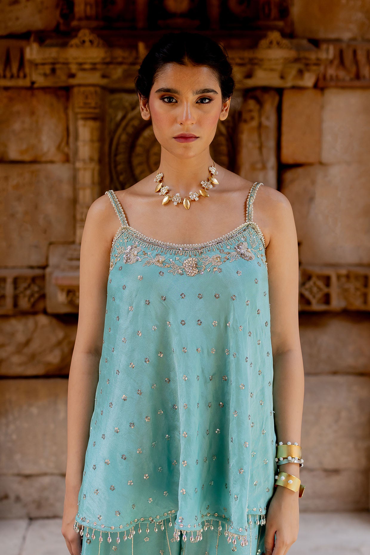 Sky Blue Embroidered Tissue Sharara Set