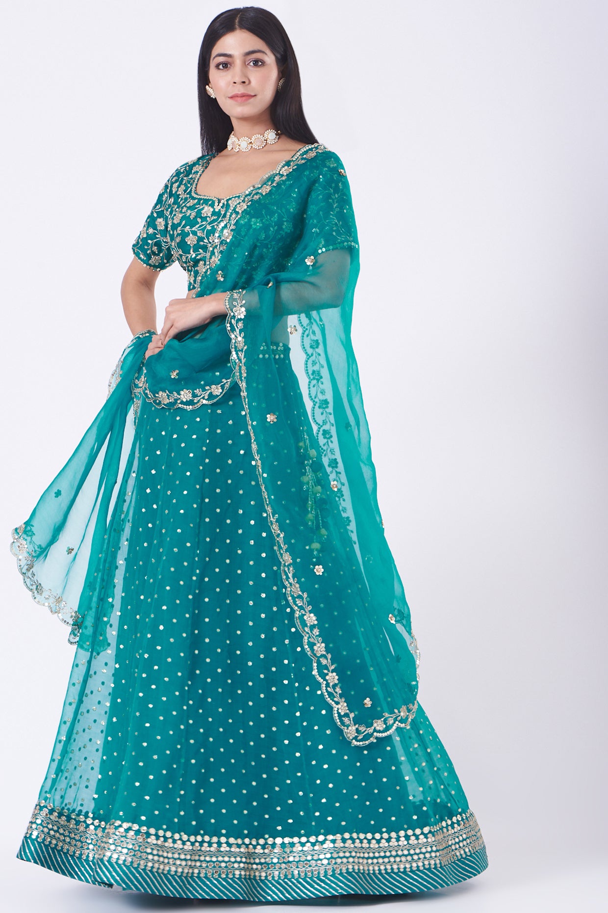 Turquoise Embroidered Organza Lehenga Set