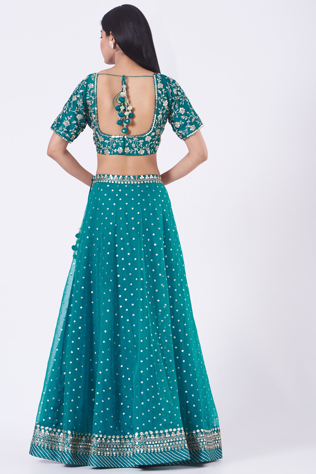 Turquoise Embroidered Organza Lehenga Set