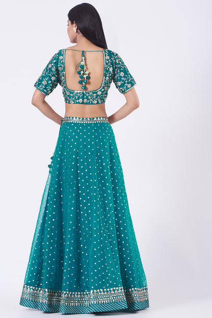 Turquoise Embroidered Organza Lehenga Set