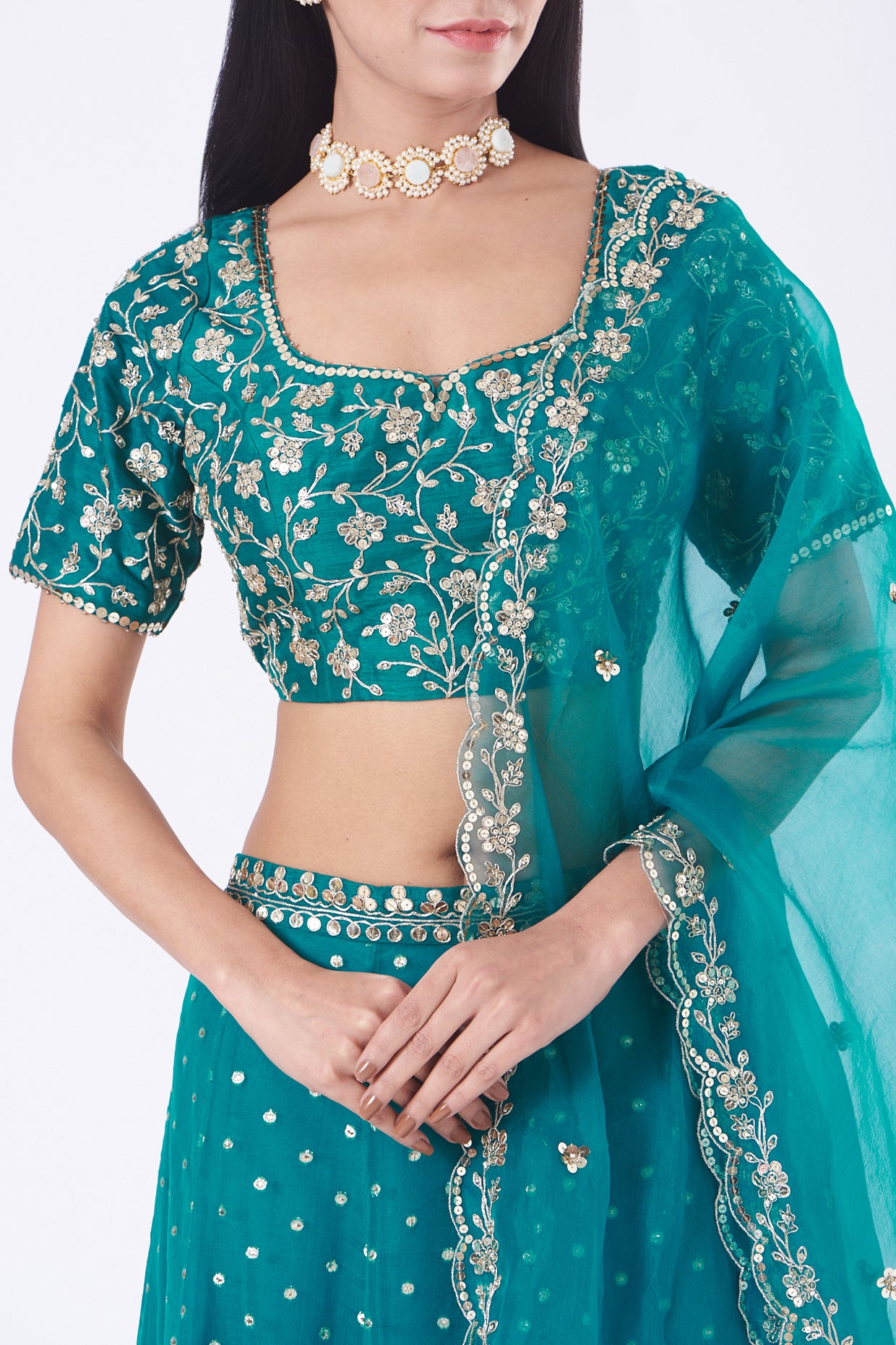 Turquoise Embroidered Organza Lehenga Set