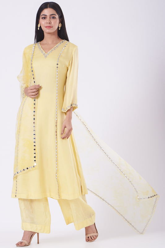 Lemon Mirror-Work Straight Kurta Set