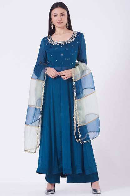 Indigo Chiffon Mirror Work Anarkali Set