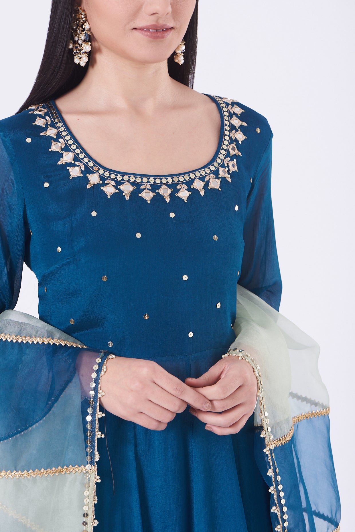 Indigo Chiffon Mirror Work Anarkali Set